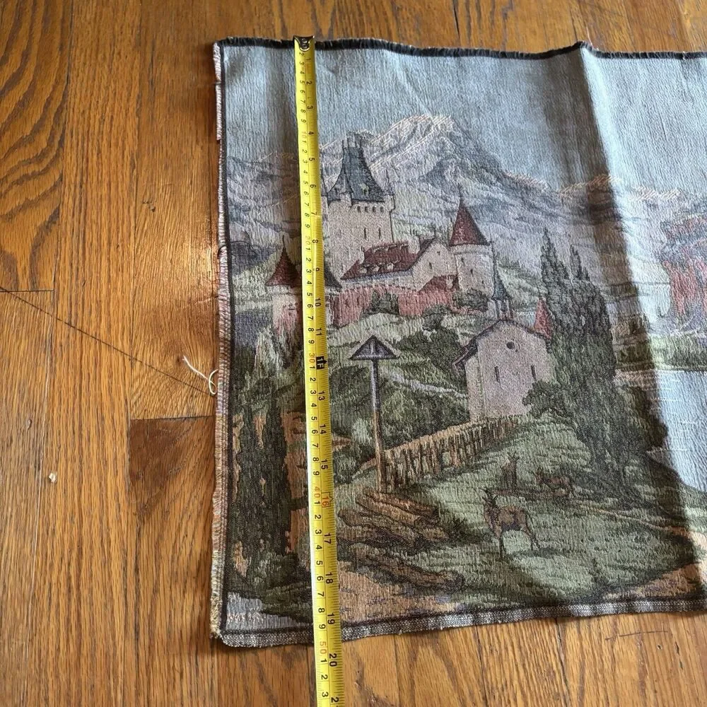Vintage European Woven Tapestry Alpine Castle Mountain Lake Scenic Wall Art